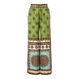 ALÉMAIS Contina Silk Jacquard Pants Size 10 Green Boho Wide Leg Border Print
